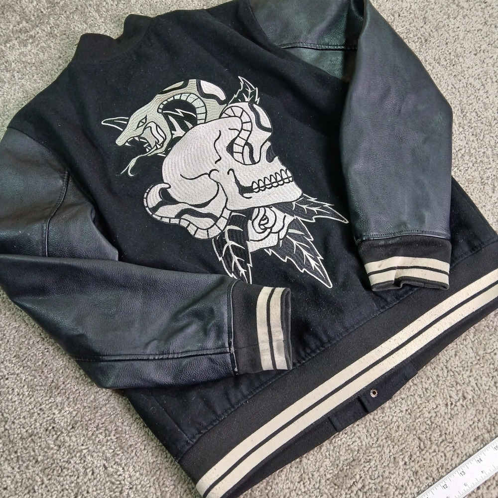 PacSun Mens Black Wool Blend Varsity Jacket Skull Snake Rose Faux Leather Large